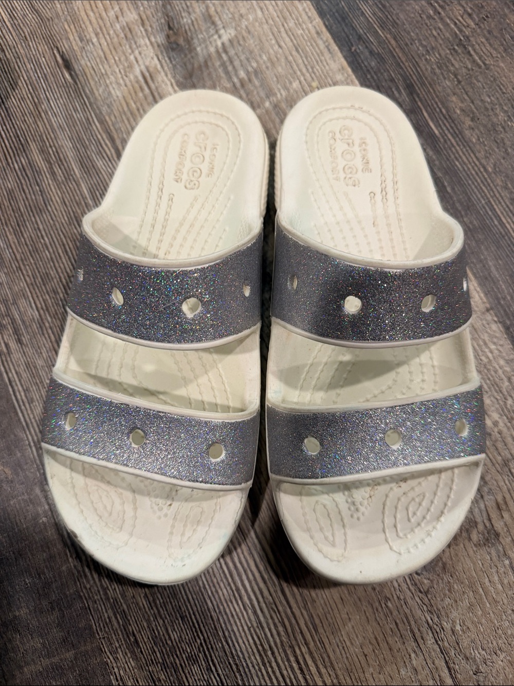 CROCS Women's White Slides with Silver Glitter Straps